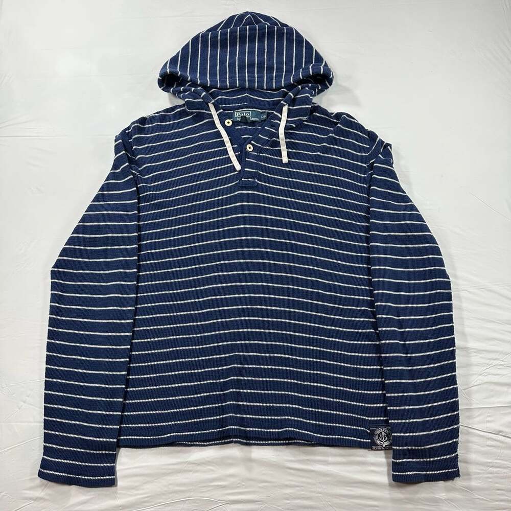 Vintage 90s Polo Ralph Lauren Striped Henley Hoodie Waffle Knit Thermal L Blue